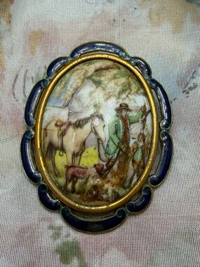 Vintage Porcelain Brooch Hunting Scene Blue Enamel Frame #102PO